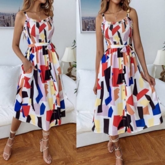 Boho Multicolor Red Button up Pocket Midi Dress - Picture 2 of 2